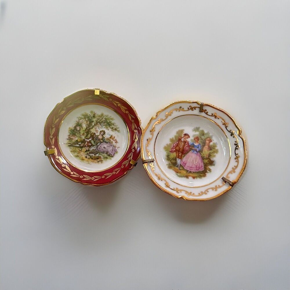 Limoges France Miniature Porcelain Decorative Plates Lot of 2 -Gold Trim & Stand